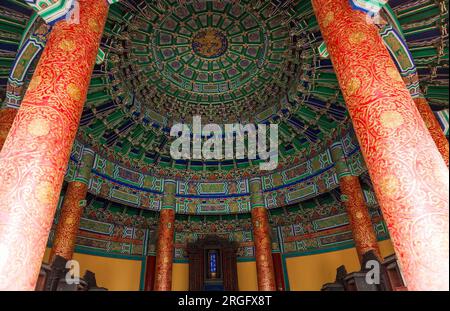 Soffitto tondo a tetto circolare decorato dell'edificio della volta Imperiale del Paradiso nel complesso del Tempio del Paradiso a Pechino, RPC. Cina. (125) Foto Stock