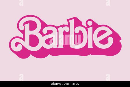 Logo Barbie isolato su sfondo rosa. Illustrazione vettoriale. Un film della Warner Bros con Margot Robbie e Ken Ryan Gosling solo in T Illustrazione Vettoriale