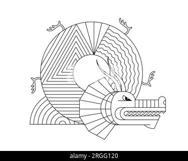 Simbolo zodiaco geometrico astratto del drago cinese con motivo lineare. Stile grafico sacro asiatico, moderno e mitico disegno animale di bontà e potere. Antico serpente tradizionale giapponese. eps vettoriale Illustrazione Vettoriale