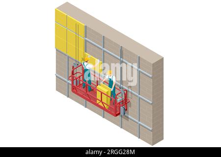 Sistema isolante per pareti esterne isometriche, lavori di isolamento per facciate di edifici. Strati per facciate in polistirolo. Lavoratore di Hardhat che tiene piastrelle da parete per esterni Illustrazione Vettoriale