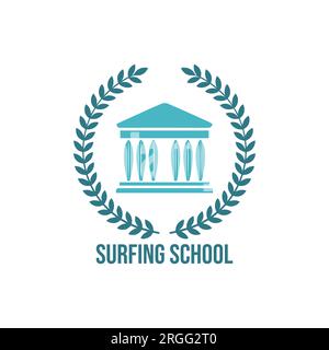 Emblema vintage, badge, etichetta o logo per la scuola di surf illustrazione vettoriale. Logo vintage surf, emblema, badge, etichetta, marchio. Giornata internazionale di surf c Illustrazione Vettoriale