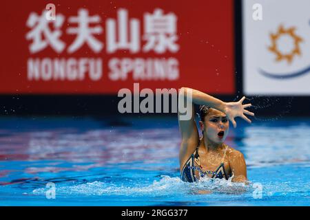 Fukuoka, Giappone. 14 luglio 2023: Karina Magrupova del Kazakistan gareggia nel solo Technical femminile il primo giorno durante i Campionati mondiali di acquari di Fukuoka 2023 al Marine Messe Fukuoka Hall B di Fukuoka, Giappone. 14 luglio 2023. (Foto di Nikola Krstic/Alamy) Foto Stock