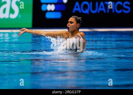 Fukuoka, Giappone. 14 luglio 2023: Karina Magrupova del Kazakistan gareggia nel solo Technical femminile il primo giorno durante i Campionati mondiali di acquari di Fukuoka 2023 al Marine Messe Fukuoka Hall B di Fukuoka, Giappone. 14 luglio 2023. (Foto di Nikola Krstic/Alamy) Foto Stock