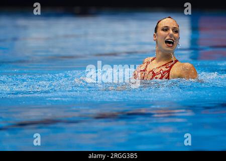 Fukuoka, Giappone. 14 luglio 2023: La francese Oriane Jaillardon gareggia nel Women's solo Technical il primo giorno durante i Campionati mondiali di acquari di Fukuoka 2023 alla Marine Messe Fukuoka Hall B di Fukuoka, Giappone. 14 luglio 2023. (Foto di Nikola Krstic/Alamy) Foto Stock