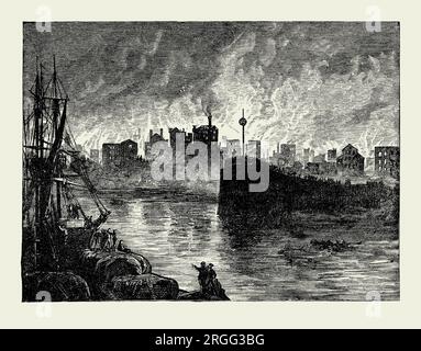 Una vecchia incisione del grande incendio di Chicago del 1871 dal lungomare. È tratto da un libro di storia americana del 1895. La conflagrazione bruciò nella città di Chicago, Illinois, negli Stati Uniti d'America tra l'8 e il 10 ottobre di quell'anno. L'incendio uccise circa 300 persone, distrusse circa 3,3 chilometri quadrati della città, comprese oltre 17.000 strutture, e lasciò più di 100.000 residenti senza tetto. L'incendio è iniziato in un quartiere a sud-ovest del centro della città. Un lungo periodo di condizioni calde, asciutte, ventose e la costruzione in legno contribuirono alla devastazione. L'incendio distrusse gran parte del centro di Chicago. Foto Stock