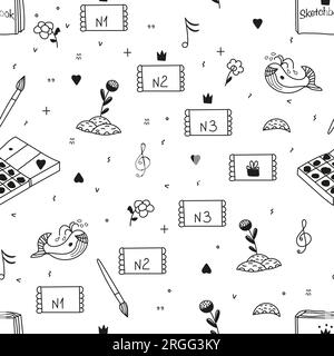 modello scolastico senza cuciture con diversi elementi: quaderni, vernici, fiori, note, numeri. Illustrazione Vettoriale