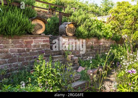 Giardino naturale con piante autoctone, muri in pietra e hotel per insetti, hotel per insetti, case per insetti. Concetto di giardinaggio naturale. Foto Stock