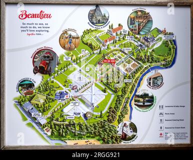 Vista della mappa delle attrazioni turistiche presso il National Motor Museum, Beaulieu, New Forest, Hampshire, Inghilterra, REGNO UNITO. Foto Stock
