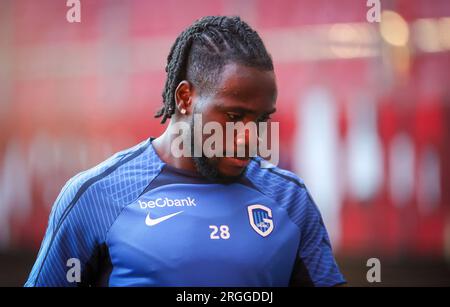 Pireo, Grecia. 9 agosto 2023. Joseph Paintsil di Genk raffigurato durante una sessione di allenamento della squadra di calcio belga KRC Genk, mercoledì 9 agosto 2023 al Pireo, in Grecia. Il club si sta preparando per la partita di domani contro l'Olympiacos F.C. greco nel terzo turno di qualificazione per la UEFA Europa League. BELGA PHOTO VIRGINIE LEFOUR Credit: Belga News Agency/Alamy Live News Foto Stock