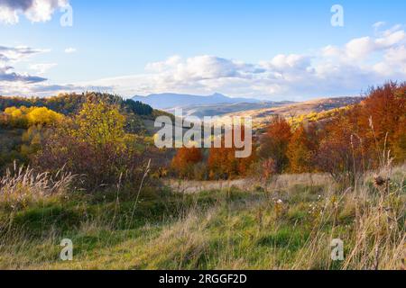 bella vista sulla valle rurale. paesaggio autunnale in un pomeriggio di sole. nuvole sopra il crinale distante con alta vetta Foto Stock