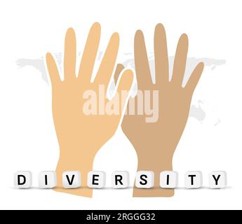 Concetto di cultura diversificata e multietnica multirazziale. Società ed etnia diverse che si tengono per mano e lavorano insieme. Diversità ed equità Foto Stock