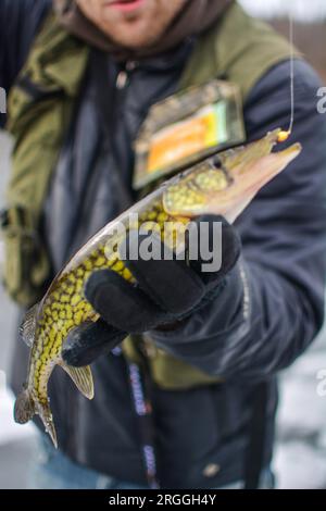 Immagine dello spazio copia pesca invernale sul ghiaccio, attività invernale Foto Stock