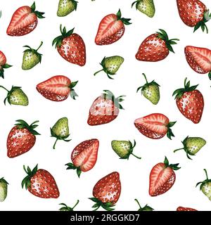 Motivo senza cuciture con succose fragole rosse e verdi isolate su sfondo bianco, illustrazione ad acquerello disegnata a mano. Foto Stock