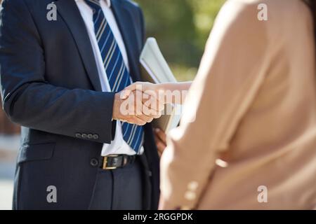 Le mani di imprenditore e imprenditrice stringono le mani Foto Stock