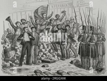 Rivoluzioni liberali. Francia. Rivoluzione del 1830, chiamata anche Rivoluzione di luglio o giorni di luglio. Furono giorni rivoluzionari contro re Carlo X (1757-1836) a causa delle sue misure anti-liberali. Il 27, 28 e 29 luglio 1830, i parigini si ribellarono e riuscirono a rovesciare il re. Barricate per le strade di Parigi. Incisione di Cabasson. Los Héroes y las Grandezas de la Tierra. Volume V. 1855. Autore: Guillaume-Alphonse Harang Cabasson (1814-1884). Artista francese. Foto Stock