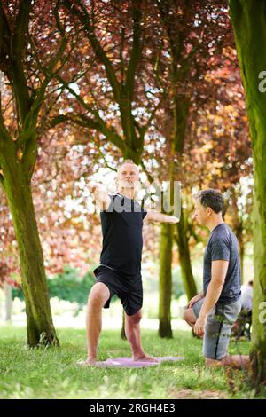 Uomini maturi che praticano yoga nel parco Foto Stock