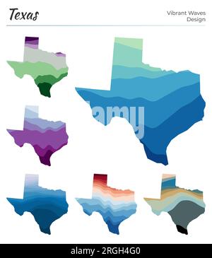 Set di mappe vettoriali del Texas. Design delle onde vibranti. Mappa luminosa dello stato noi in stile curve geometriche uniformi. Mappa Texas multicolore per il tuo progetto. Au Illustrazione Vettoriale