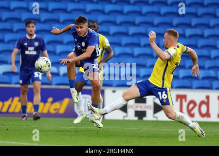 Cardiff, Regno Unito. 9 agosto 2023. Rubin Colwill della città di Cardiff porta in porta. Coppa di Carabao, 1° turno, Cardiff City contro Colchester Utd al Cardiff City Stadium di Cardiff, Galles del Sud mercoledì 9 agosto 2023. Questa immagine può essere utilizzata solo per scopi editoriali. Solo per uso editoriale, foto di Andrew Orchard/Andrew Orchard fotografia sportiva/Alamy Live news credito: Andrew Orchard fotografia sportiva/Alamy Live News Foto Stock