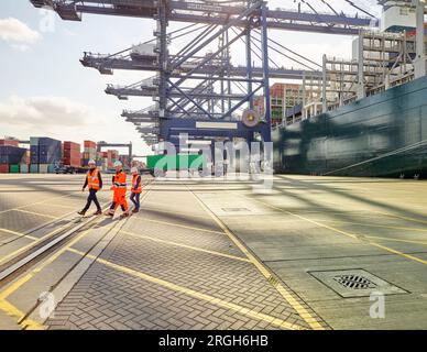 I lavoratori portuali accanto alla nave da carico al porto di Felixstowe, Inghilterra Foto Stock