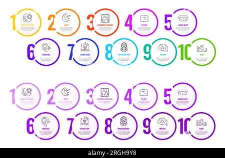 Infografiche sulla linea del sonno. Diagramma vettoriale a fasi, grafico delle informazioni di processo, grafici della timeline e grafici impostati con 10 opzioni per un sonno sano. Grafici a colori con contorno letto, cuscino, icone di luna Illustrazione Vettoriale