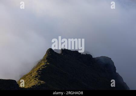 Atmosfera mistica su una valle di Madeira circondata da una fitta foresta. Foto Stock