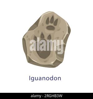 Antica impronta di dinosauri in pietra fossile, vettore di cartoni animati con silhouette a zampa di dinosauro. Traccia archeologica di zampe di dinosauri o lucertola giurassica e tracce di orme di rettili mostri nella roccia con tre artigli Illustrazione Vettoriale