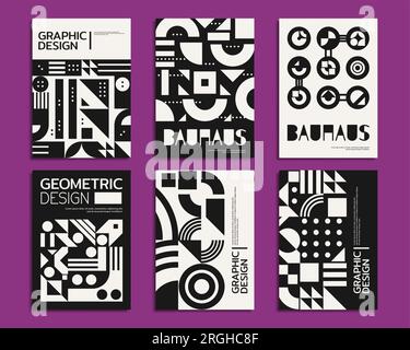 Poster bauhaus astratti monocromatici, motivo geometrico. Design accattivante in bianco e nero astratto, audaci e minimalisti, con linee pulite e forme a contrasto, creano un'estetica moderna e di grande impatto Illustrazione Vettoriale