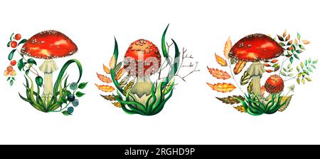 Set di tre composizioni con acquerello, fungo rosso agarico e mirtillo rosso, mirtillo, mirtillo, foglie autunnali, una lama di erba Foto Stock