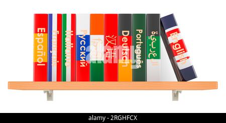 Libreria con libri di testo o dizionari in diverse lingue, rendering 3D isolato su sfondo bianco Foto Stock