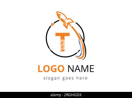 Lettera iniziale del monogramma T con logo Rocket. Icona razzo. Emblema del carattere. Modello moderno di logotipo vettoriale Illustrazione Vettoriale