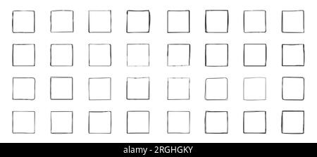 Linea dei quadrati, vettore grunge impostato nello stile di schizzo. Le cornici sono disegnate a mano. Illustrazione Vettoriale