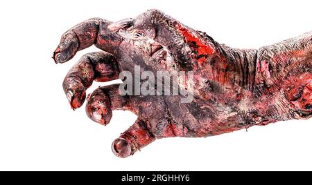 Mano zombie realistica con ferite e sangue, sfondo bianco isolato, copyspace. Foto Stock