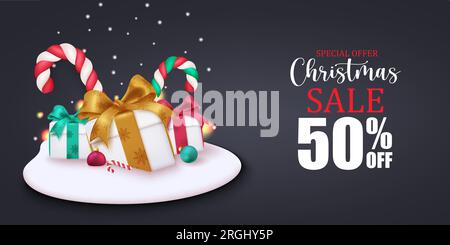 Banner vettoriale di testo per la promozione natalizia. Offerta speciale natalizia con sconto del 50% per un buono per lo shopping natalizio. Illustrazione vettoriale di Natale Illustrazione Vettoriale