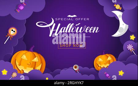 Banner vettoriale di testo per la vendita di Halloween. Offerta speciale Halloween con elementi di zucca su sfondo tagliato di carta. Shopping con illustrazione vettoriale Illustrazione Vettoriale