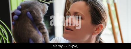 Veterinario che tiene in mano un piccolo gattino carino. Foto Stock