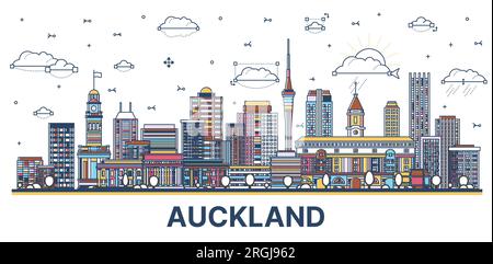 Delinea lo skyline di Auckland, nuova Zelanda, con edifici colorati moderni e storici isolati su bianco. Illustrazione vettoriale. Paesaggio urbano di Auckland con l Illustrazione Vettoriale