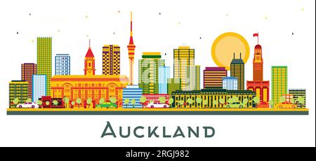 Skyline di Auckland, nuova Zelanda, con edifici colorati isolati su bianco. Illustrazione vettoriale. Business Travel and Tourism Concept. Illustrazione Vettoriale