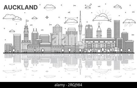 Delinea lo skyline di Auckland, nuova Zelanda, con edifici moderni e riflessi isolati su bianco. Illustrazione vettoriale. Paesaggio urbano di Auckland. Illustrazione Vettoriale