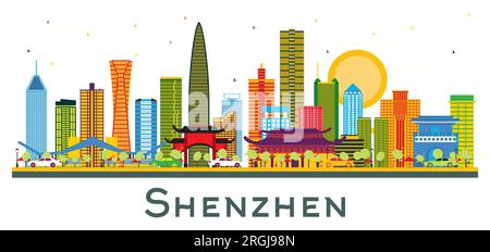 Skyline della città di Shenzhen in Cina con edifici colorati isolati su bianco. Illustrazione vettoriale. Business Travel and Tourism Concept con architettura moderna. Illustrazione Vettoriale