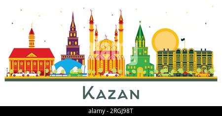 Skyline di Kazan' Russia con edifici colorati isolati su bianco. Illustrazione vettoriale. Business Travel and Tourism Concept con architettura storica. Illustrazione Vettoriale