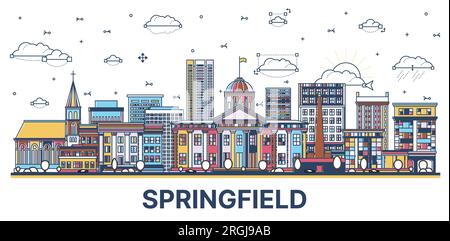 Delinea lo skyline di Springfield, Illinois City, con edifici colorati moderni e storici isolati su bianco. Illustrazione vettoriale. Springfield USA Cityscape. Illustrazione Vettoriale