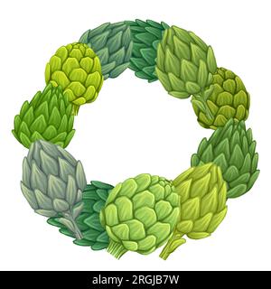 Corona vettoriale con carciofi e spazio di copia. Cartoni animati cibo sano con spazio per testo per inviti, menu e ricette. Telaio rotondo con pannocchie verdi Illustrazione Vettoriale