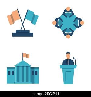 Icona delle conferenze internazionali in stile piatto. Riunione d'affari, negoziati diplomatici, politica e governo. Illustrazione vettoriale. Illustrazione Vettoriale