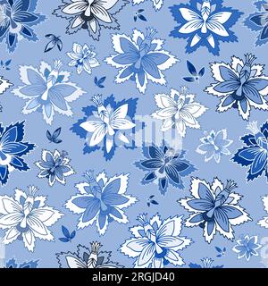 Motivo blu cobalto senza cuciture con fiori stilizzati disegnati a mano. Illustrazione Vettoriale