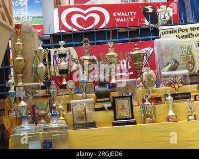 Trofeo d'oro con coriandoli cadenti su sfondo grigio. spazio di copia per il testo. rendering 3d. Foto Stock