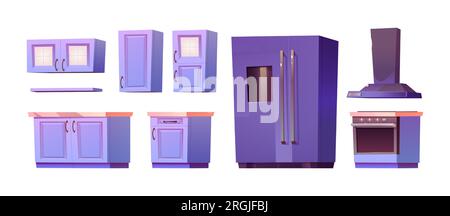 Set illustrazioni vettoriali per mobili e attrezzature da cucina. Moderni armadi da cucina e cassetti, grande frigorifero, piano cottura con forno e cappa aspirante. Elementi ed elettrodomestici interni. Illustrazione Vettoriale