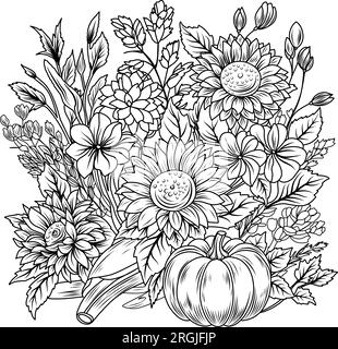 Pagina da colorare con zucche e girasoli. Composizione autunnale per colorazione, illustrazione lineare in bianco e nero Illustrazione Vettoriale