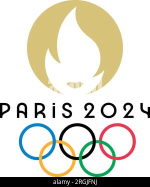 Ucraina, Charkiv - 2 agosto 2023. Parigi, Francia, 2024 Olimpiadi estive logo ufficiale. Illustrazione vettoriale dei giochi olimpici. Illustrazione Vettoriale