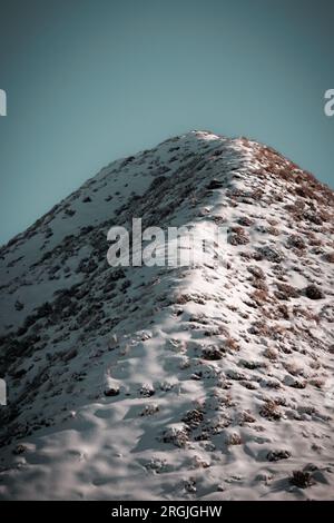 Un ridgeline vicino alla cima di una montagna. La cresta è ricoperta di neve e ha molte piantagioni che si riversano. Foto Stock