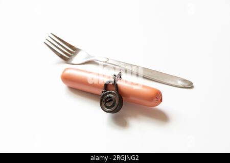 Salsiccia su una catena sotto serratura e chiave e una forchetta accanto ad esso su uno sfondo bianco al sole, rifiuto di cibo malsano, dieta Foto Stock